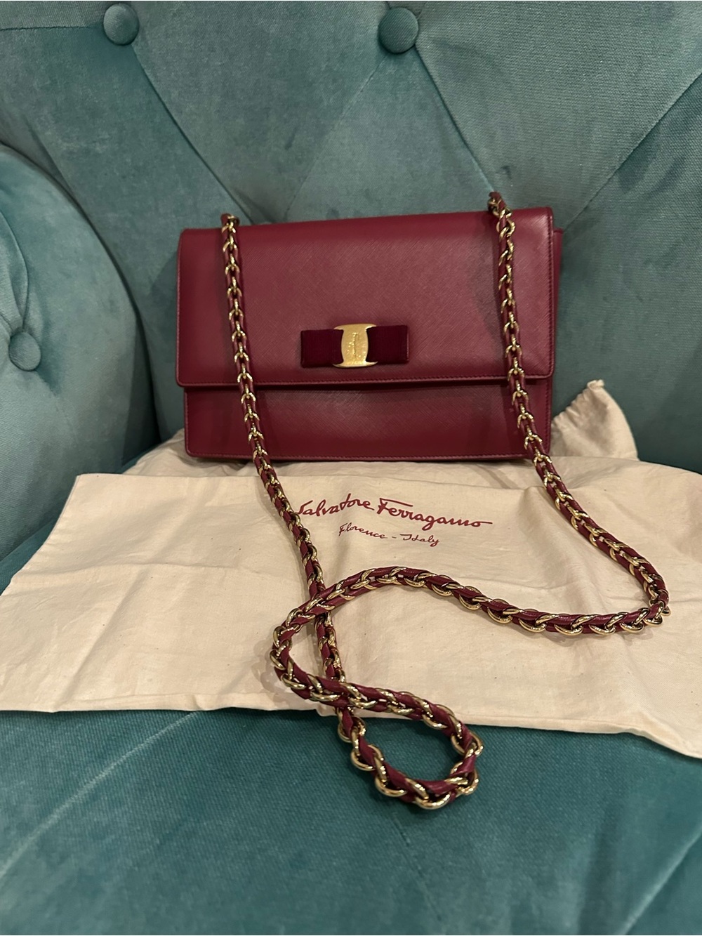 Salvatore Ferragamo Wine Red Vara Bow Chain Crossbody Bag